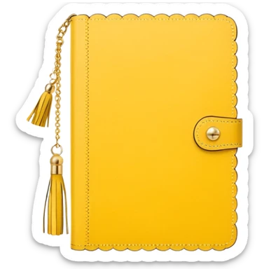 a soft yellow lemon color journal with scalloped edges, tiny gold dot details, and a small tassel charm, cozy and elegant stationery vibe sticker