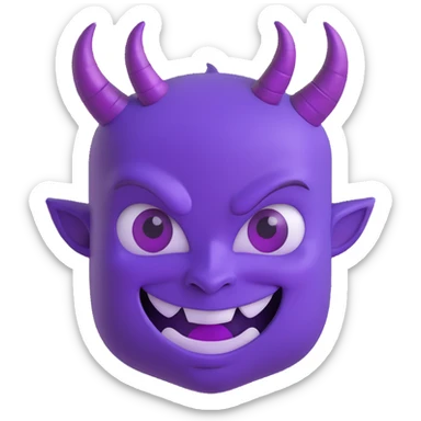 A mischievous purple devil emoji with a sly, confident smile and raised eyebrows, glowing purple horns, smooth gradient shading, minimalistic and glossy 3D cartoon style sticker