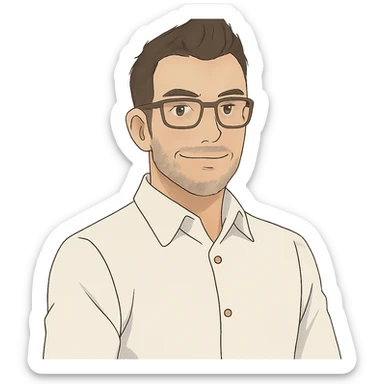 soft color, portrait of a confident businessman, white button up, no tie, dark brown fauxhawk, brown rectangular glasses, gray stubble on chin sticker