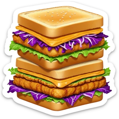 Burning hot, spicy,  stacked chicken sandwich — two thick golden toast slices, a crispy breaded chicken fillet, green lettuce, and purple cabbage slaw, with glossy dark sauce dripping down the sides. sticker
