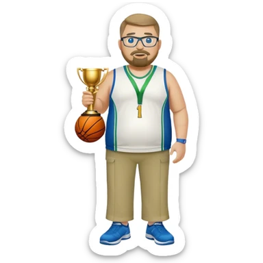 full body white obese male basketball coach with trophy. Goatee , Wearing glasses and blue and green polio and khaki pants sticker