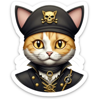 Highly detailed dark fantasy sticker art,cat, gritty pirate aesthetic, intricate engraving style, cinematic lighting, gold and charcoal color palette, sharp edges, white border, vector contour --v 6.0 sticker