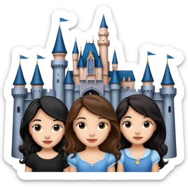 Quiero que crees una imagen donde este el castillo de Disney y por detrás o delante pon a quatro chicas: una con el pelo largo rizado marrón , otra con el pelo corto negro, otra con el pelo mediano liso marrón y otra con el pelo negro largo liso sticker