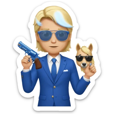 A blond man in a blue suit with a Colt pointing forward. The audience , and long hair and san glasses sticker