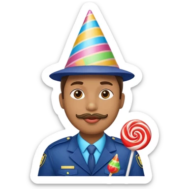 security guard head, birthday party, lollipop in mouth, festive look sticker