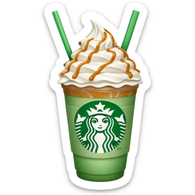 A 3D cartoon Starbucks Frappuccino cup with whipped cream and caramel drizzle, frosty texture, green straw, transparent cup with logo, soft cool lighting, Memoji-style. sticker