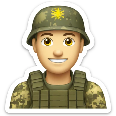 happy Ukrainian soldier, in camouflage pixel uniform  sticker