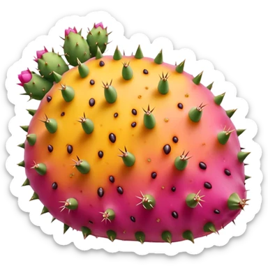 one whole prickly pear fruit with slightly oval shape, smooth skin dotted with tiny subtle spines, skin color vibrant pink to yellow-orange, halved version reveals vivid magenta or golden pulp speckled with small seeds, no cactus pads, knife, or extras, soft lighting, subtle shadows, emoji scale sticker