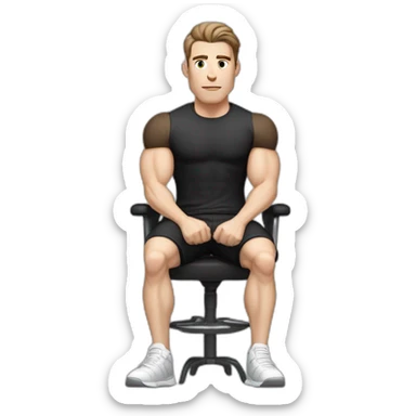 Pale skinned Fit Man With the biceps and dark brown hair in black shirt, gray sports shorts and white Sneakers Sitting on a chair sticker