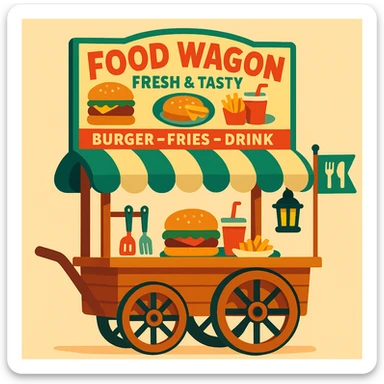 classic food wagon wooden with two large spoked wheels, pull handle, curved green and cream striped canopy, top signboard reading 'Food Wagon' in bold red, 'Fresh & Tasty', 'Burger – Fries – Drink', burger and food plate illustrations, utensils hanging from frame, black lantern at back, green flag with fork and knife icons at front, soft friendly nostalgic style sticker