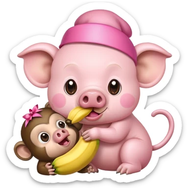 a pig with a pink ribbon on its head and a monkey eating a banana sticker