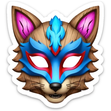 Ancient wooden mask, split in half, luminous and neon with red, blue and pink fox-like glow. sticker