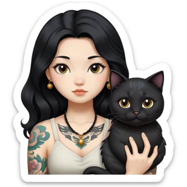 a Chinese girl with long black  Big Wave hair and tattoos and a black round faced cat  sticker