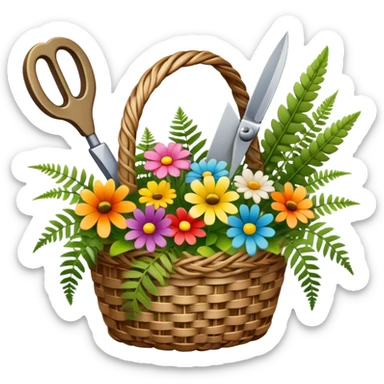 Icon for Floristry: a woven basket with flowers, reeds, ferns, bright ribbons and a small plush toy. Add big garden scissors and knife. The icon should represent creativity in flower arrangement and decorative design. Transparent background. sticker