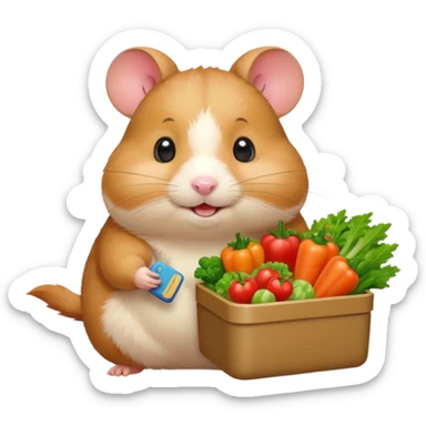 Cute chubby cartoon-style hamster holding a small bento box filled with vegetables, smiling proudly. Soft painterly shading, white background, sticker-style illustration sticker