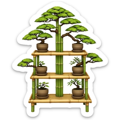 Three tiered bonsai planters stand, shelving holding nine specimens,frame made of one inch thick bamboo  sticker
