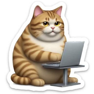 fat tabby cat working on a computer sticker