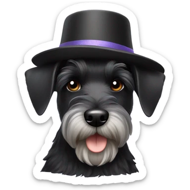 Black miniature schnauzer wearing a chapeau sticker