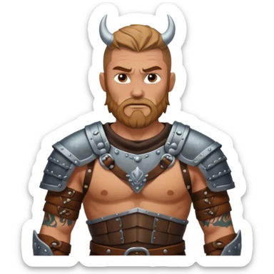 A rugged Viking man with tattooed arms, leather armor, and intense eyes ready for battle.
 sticker