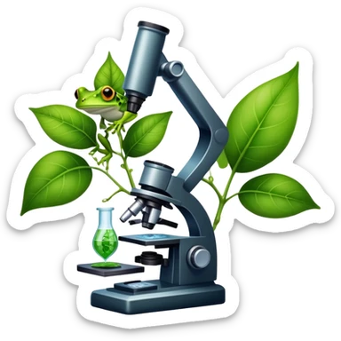 An icon featuring a DNA strand, a microscope, and a green leaf, symbolizing biology. The design includes animal cells, plant structures, and a frog, representing the study of living organisms and ecosystems. Transparent background highlights life sciences and biological research. sticker