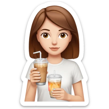 A white girl with brown hair and wearing a white tee holding an ice coffe sticker