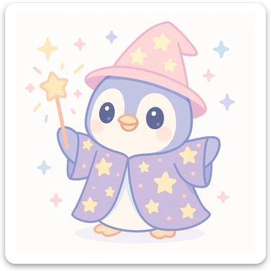 a cute penguin wizard casting a spell, wearing a starry robe and holding a wand sticker