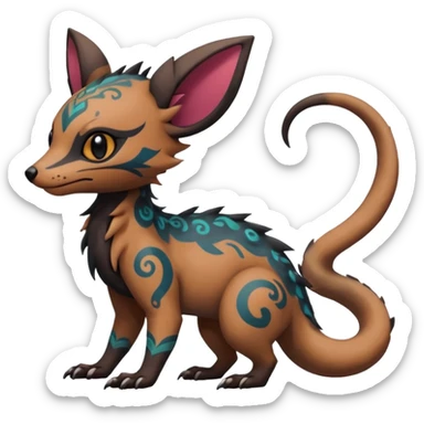 Rare warm-colored exotic cute epic aesthetic gothic colorful Salandit-Eevee-Trico-Civet-species-Fakemon-hybrid-creature, with intricate tattoo markings, full body sticker
