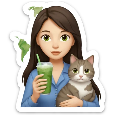a brunette woman with long hair in here 30S drinking an iced matcha, carrying a grey cat and a map of the world sticker