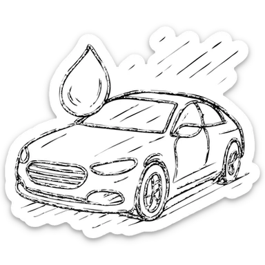 hand-drawn outlined icon of a full high-end vehicle with glossy black paint, water droplet sliding on the surface, subtle repellent effect with lines, clean and modern sticker