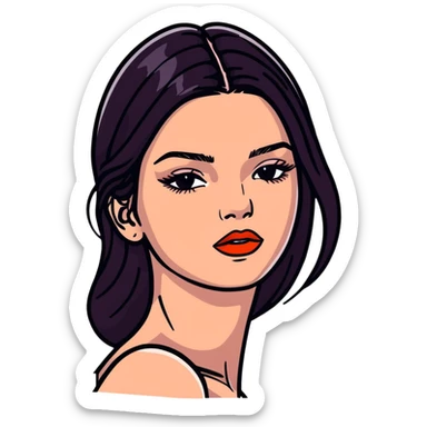 Kendall Jenner, fashion icon, elongated face, plump lips with glossy lipgloss shine sticker
