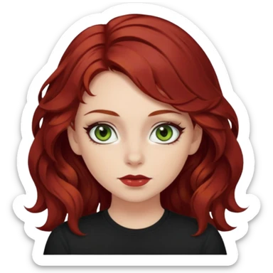 a pretty FAIR bratz girl with wavy dark red hair, wearing a black tee. eyeliner on, olive green eyes.  sticker