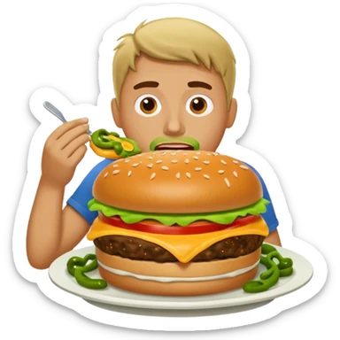 Man eating an open-face burger smothered in green chili sticker