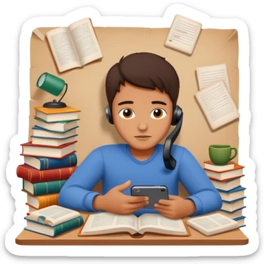emoji student lying with phone instead of studying, lazy, books, white background, sticker