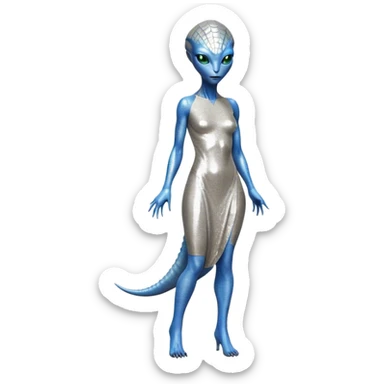 alien reptilian woman in silver dress, full body blue eyes sticker