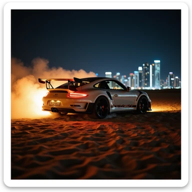 Cinematic shot, Porsche 911 gt3 rs in fire, desert, night, dubai city in background sticker