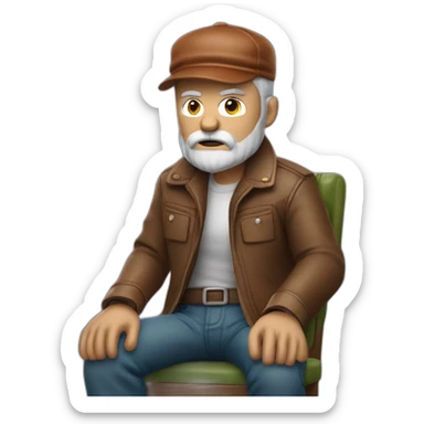 biff wiff short santa beard wearing a brown leather jacket and a paddy cap sitting in a folding directors chair looking angry(full body, ios17) sticker