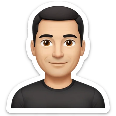 Broad-shouldered Hispanic man in his 50s, light brown complexion, square face with defined jawline, very short black hair with tight fade, thick straight eyebrows, medium dark eyes with vibrant look, wide nose, confident smile, wearing black fitted athletic shirt sticker