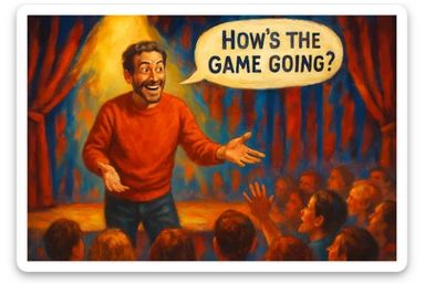Place the interesting man from the reference image on a lively theatrical stage with a spotlight shining on him. He is in an engaging pose, asking 'How's the game going?' with an audience in front watching attentively. The scene should be vibrant and full of theatrical energy, capturing the mood of a live performance. sticker