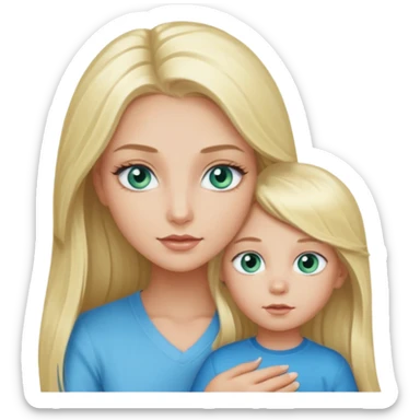 blonde baddie girl  with blue-green eyes, Long lashes, long hair, Hold little Boy with light blue eyes sticker