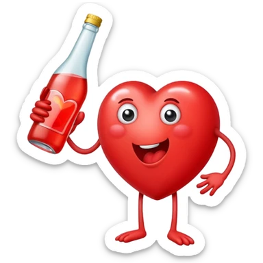 A red heart ❤️ with eyes, a mouth, and hands, looking tipsy and drunk, holding a bottle of drink in one hand, with a playful, wobbly expression sticker