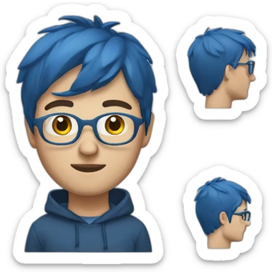 white guy with short straight fringe, clear glasses, a short beard, one earring, very tall and blue hoodie sticker