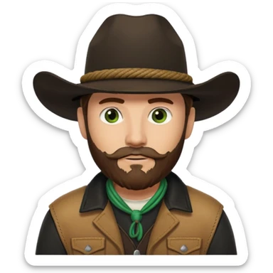 yellowstone ranch cowboy with brown beard & green eyes, black cowboy hat with plain black rope and no jewel, black shirt, and leather tan jacket sticker