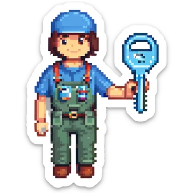Oval badge shape with simple pixel art technician holding car tool key, bright colors sticker