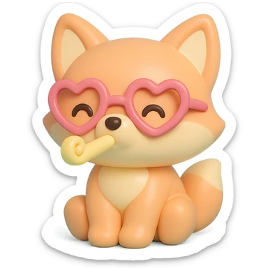 baby fox with heart glasses blowing party horn in vinyl figure style sticker