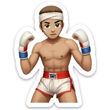 ​Cinematic Realistic Traditional Muay Thai Fighter, depicted in authentic attire featuring white bandaged gloves wrapped around his fists, a traditional headband tied neatly, and classic Muay Thai shorts, captured in a dynamic fighting stance under dramatic, high-energy lighting that highlights the raw power and elegance of the art, sticker