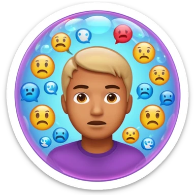 Realistic emoji-style man trapped inside a glowing filter bubble. The bubble contains identical social media icons and repeating content symbols. Outside the bubble are colorful diverse icons he cannot see. The man looks comfortable but unaware, expressing narrow perspective. sticker