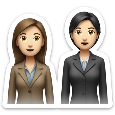 Two women private investigators, one with brown hair and one with black hair. One Asian one white sticker