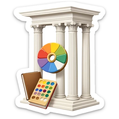 An icon featuring a paint palette, a sculpture, and a book, symbolizing the study of culture and art. The design includes a classical column and a canvas, representing art history and cultural exploration. Transparent background highlights the connection between creativity and history. sticker