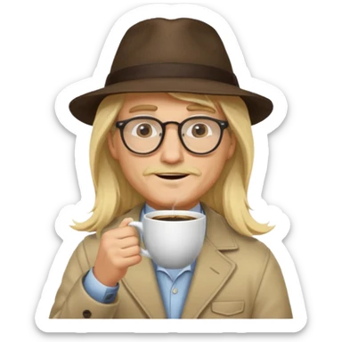 long hair blonde man drink coffe with hat and glasses sticker