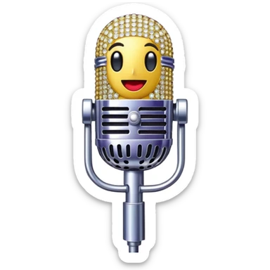 Create a glamorous and vibrant emoji representing stage vocal performance. The design should feature a humanless collage of classic vintage microphone, stage costume covered in rhinestones, sparkling brightly. The costume should be stylized, with glittering elements like sequins and sparkles, and reflect the glitzy, extravagant nature of show business. The microphone should have a sleek, retro look with chrome or metallic accents. Use rich, dazzling colors like gold, silver, deep purple, and bright red to evoke the glamorous, larger-than-life feel of a stage performance. The background should be transparent. sticker